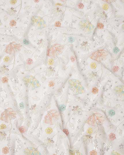 White Pastel Floral Sequin & Bead Embroidered Silk Chiffon Fabric, 110 Cms Width, India-D25269