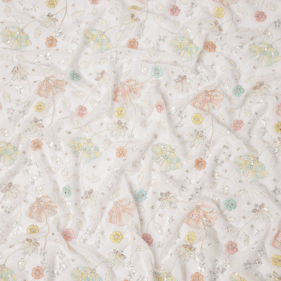 White Pastel Floral Sequin & Bead Embroidered Silk Chiffon Fabric, 110 Cms Width, India-D25269