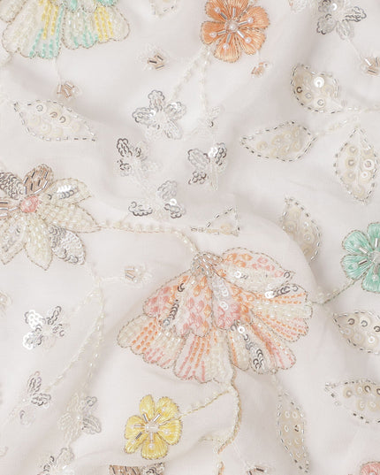 White Pastel Floral Sequin & Bead Embroidered Silk Chiffon Fabric, 110 Cms Width, India-D25269