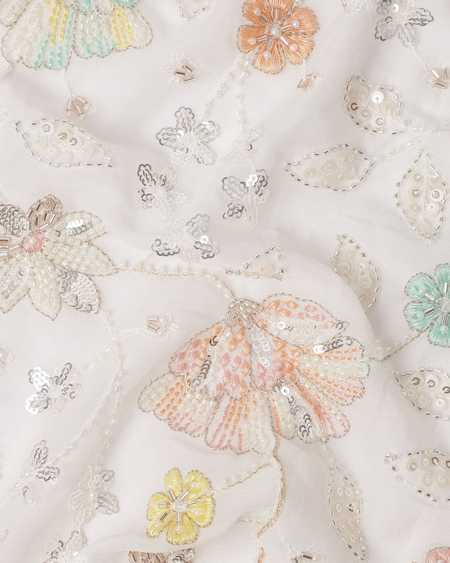 White Pastel Floral Sequin & Bead Embroidered Silk Chiffon Fabric, 110 Cms Width, India-D25269