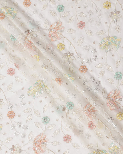 White Pastel Floral Sequin & Bead Embroidered Silk Chiffon Fabric, 110 Cms Width, India-D25269