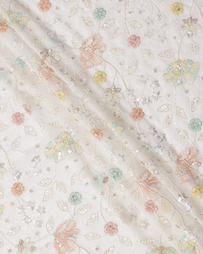 White Pastel Floral Sequin & Bead Embroidered Silk Chiffon Fabric, 110 Cms Width, India-D25269