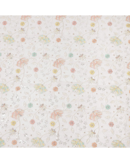 White Pastel Floral Sequin & Bead Embroidered Silk Chiffon Fabric, 110 Cms Width, India-D25269