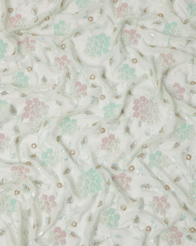White Mint Pink Floral Bead & Sequin Embroidered Silk Chiffon Fabric, 110 Cms Width, India-D25273