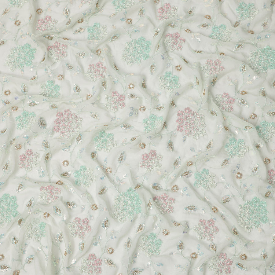 White Mint Pink Floral Bead & Sequin Embroidered Silk Chiffon Fabric, 110 Cms Width, India-D25273
