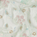 White Mint Pink Floral Bead & Sequin Embroidered Silk Chiffon Fabric, 110 Cms Width, India-D25273