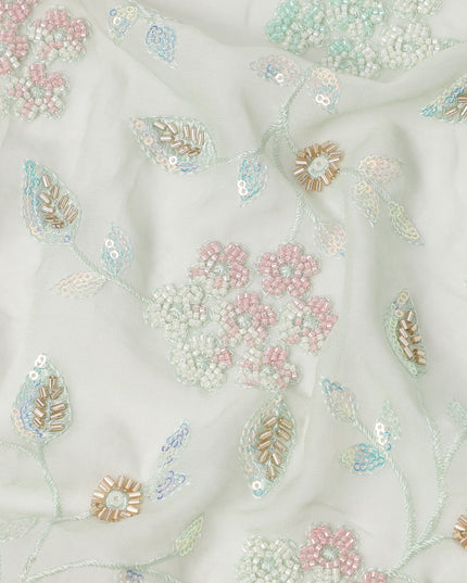 White Mint Pink Floral Bead & Sequin Embroidered Silk Chiffon Fabric, 110 Cms Width, India-D25273