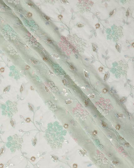 White Mint Pink Floral Bead & Sequin Embroidered Silk Chiffon Fabric, 110 Cms Width, India-D25273