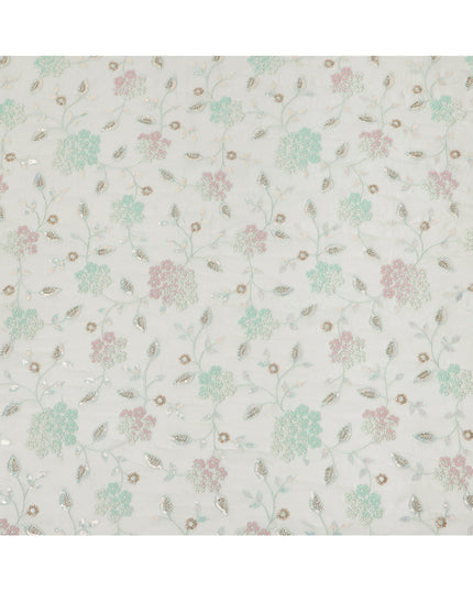 White Mint Pink Floral Bead & Sequin Embroidered Silk Chiffon Fabric, 110 Cms Width, India-D25273