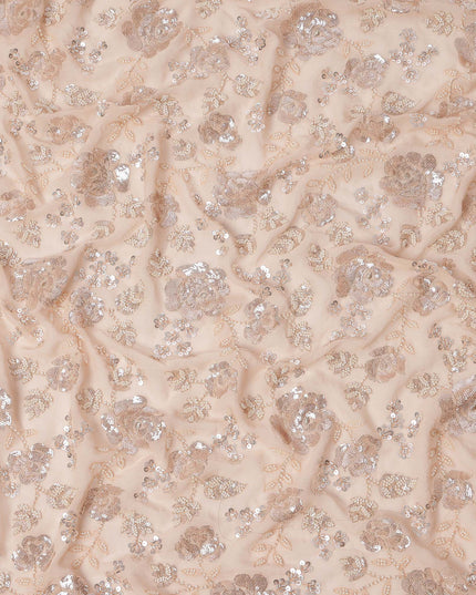 Peachy Pink Floral Sequin & Thread Embroidered Silk Chiffon Fabric, 110 Cms Width, India-D25272