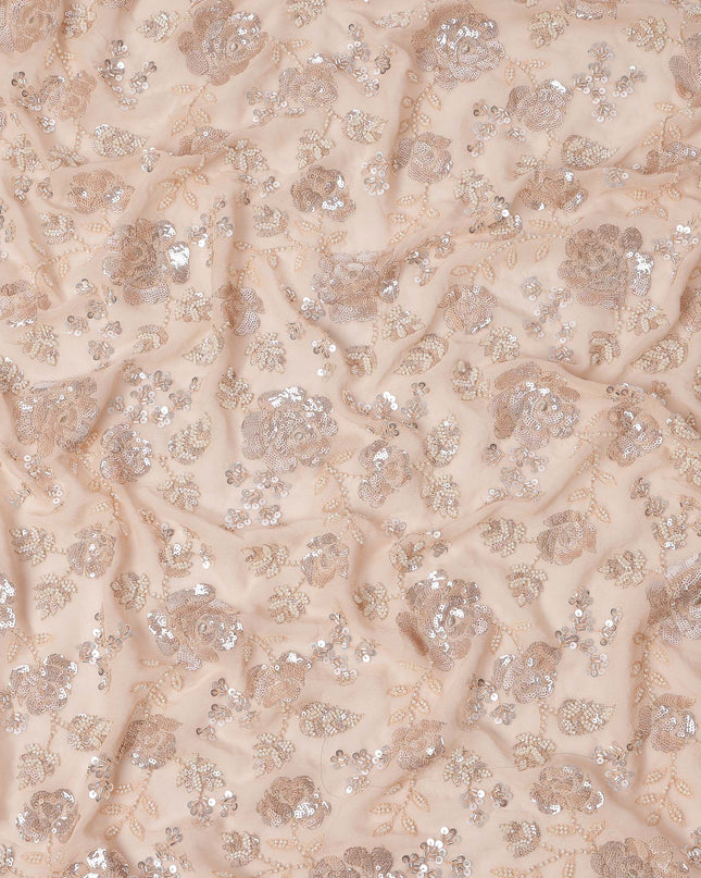 Peachy Pink Floral Sequin & Thread Embroidered Silk Chiffon Fabric, 110 Cms Width, India-D25272