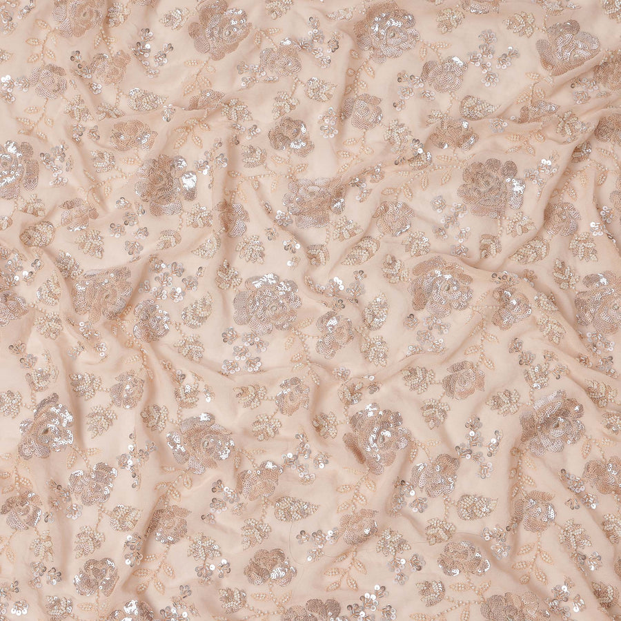 Peachy Pink Floral Sequin & Thread Embroidered Silk Chiffon Fabric, 110 Cms Width, India-D25272