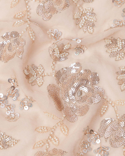 Peachy Pink Floral Sequin & Thread Embroidered Silk Chiffon Fabric, 110 Cms Width, India-D25272