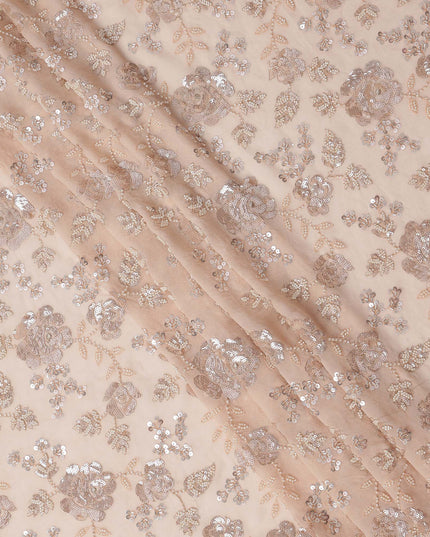 Peachy Pink Floral Sequin & Thread Embroidered Silk Chiffon Fabric, 110 Cms Width, India-D25272