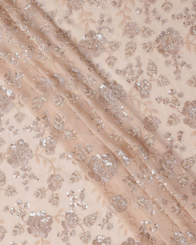 Peachy Pink Floral Sequin & Thread Embroidered Silk Chiffon Fabric, 110 Cms Width, India-D25272