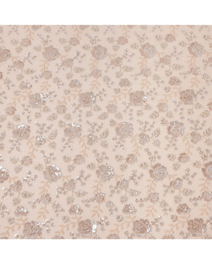 Peachy Pink Floral Sequin & Thread Embroidered Silk Chiffon Fabric, 110 Cms Width, India-D25272