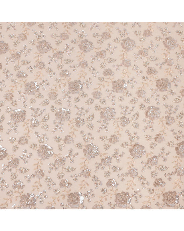 Peachy Pink Floral Sequin & Thread Embroidered Silk Chiffon Fabric, 110 Cms Width, India-D25272