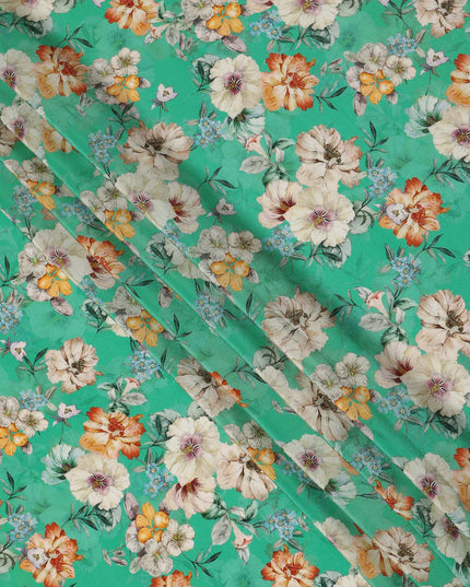 Green Floral Printed Viscose Crepe Fabric 110 Cms Width India-D27741