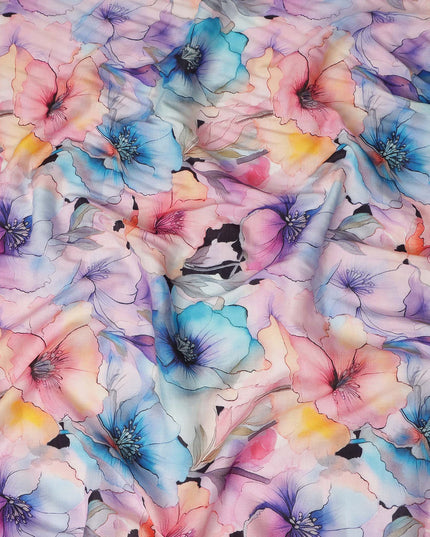 White Multicolor Watercolor Floral Printed Blended Cotton Linen Fabric Artistic Large Flower Botanical Pattern Natural Textured Dressmaking Sewing Fabric 110 Cms Width Made In India-D28340