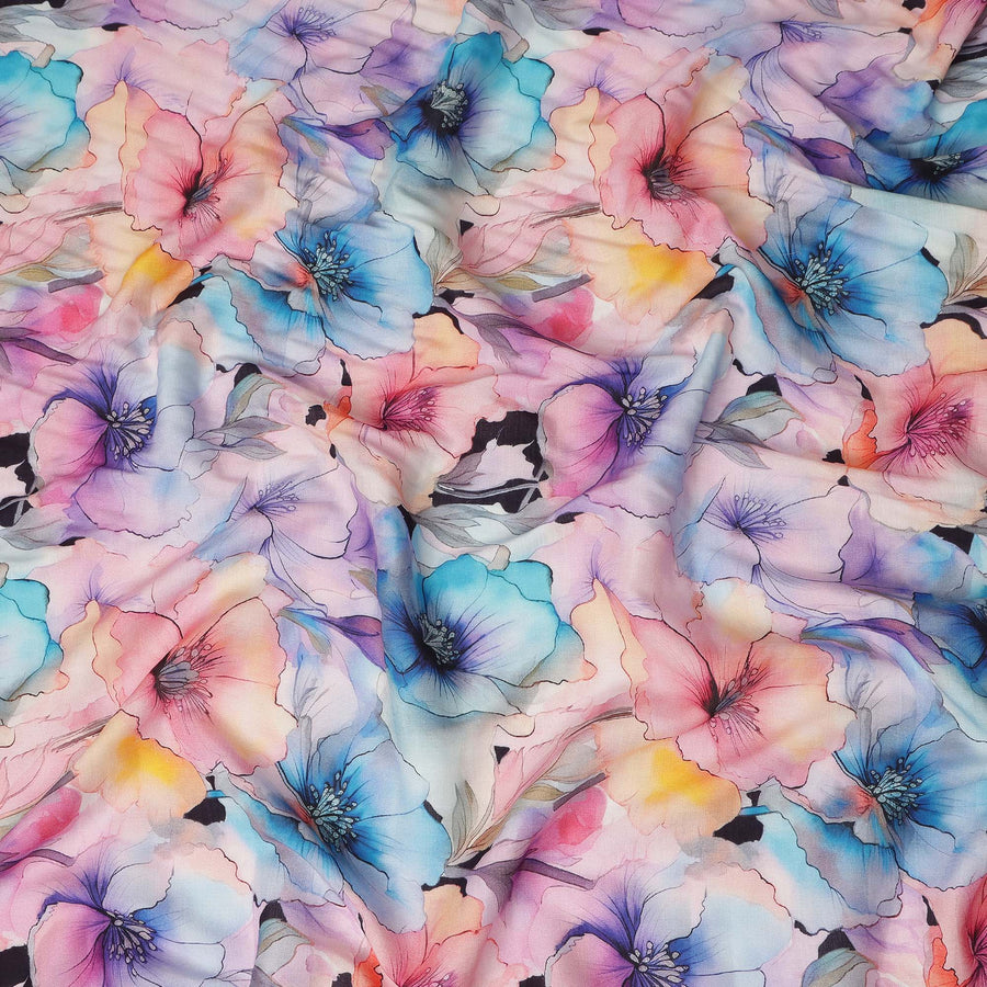 White Multicolor Watercolor Floral Printed Blended Cotton Linen Fabric Artistic Large Flower Botanical Pattern Natural Textured Dressmaking Sewing Fabric 110 Cms Width Made In India-D28340