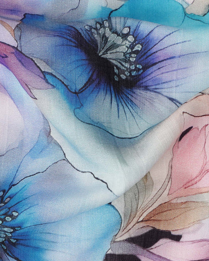 White Multicolor Watercolor Floral Printed Blended Cotton Linen Fabric Artistic Large Flower Botanical Pattern Natural Textured Dressmaking Sewing Fabric 110 Cms Width Made In India-D28340