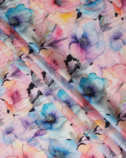 White Multicolor Watercolor Floral Printed Blended Cotton Linen Fabric Artistic Large Flower Botanical Pattern Natural Textured Dressmaking Sewing Fabric 110 Cms Width Made In India-D28340