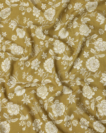 Mustard Silk Chiffon Fabric with White Floral Print, 110 Cms Width, Made in India-D25522