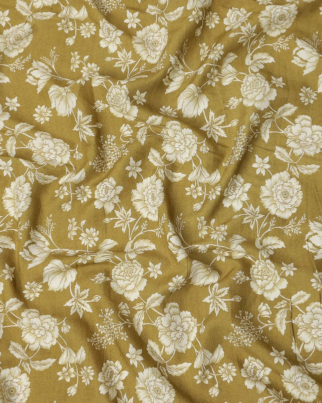 Mustard Silk Chiffon Fabric with White Floral Print, 110 Cms Width, Made in India-D25522