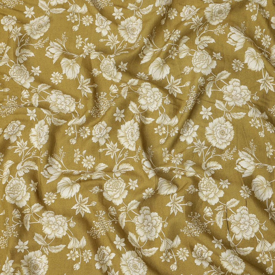 Mustard Silk Chiffon Fabric with White Floral Print, 110 Cms Width, Made in India-D25522
