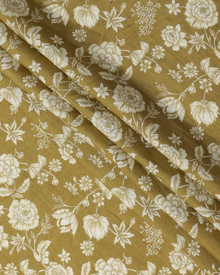 Mustard Silk Chiffon Fabric with White Floral Print, 110 Cms Width, Made in India-D25522