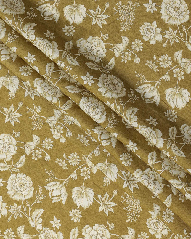 Mustard Silk Chiffon Fabric with White Floral Print, 110 Cms Width, Made in India-D25522
