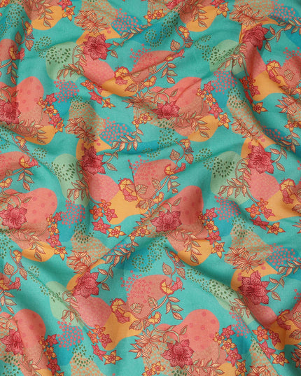 Turquoise Multicolor Floral Botanical Printed Blended Cotton Linen Fabric Artistic Flower Vine Pattern Natural Textured Dressmaking Sewing Craft Fabric 110 Cms Width Made In India-D28338