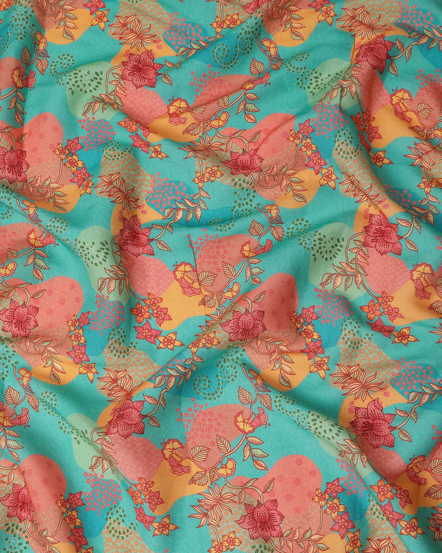 Turquoise Multicolor Floral Botanical Printed Blended Cotton Linen Fabric Artistic Flower Vine Pattern Natural Textured Dressmaking Sewing Craft Fabric 110 Cms Width Made In India-D28338