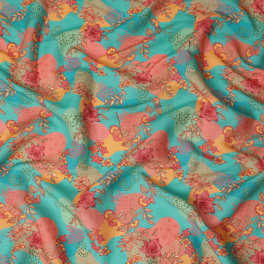 Turquoise Multicolor Floral Botanical Printed Blended Cotton Linen Fabric Artistic Flower Vine Pattern Natural Textured Dressmaking Sewing Craft Fabric 110 Cms Width Made In India-D28338