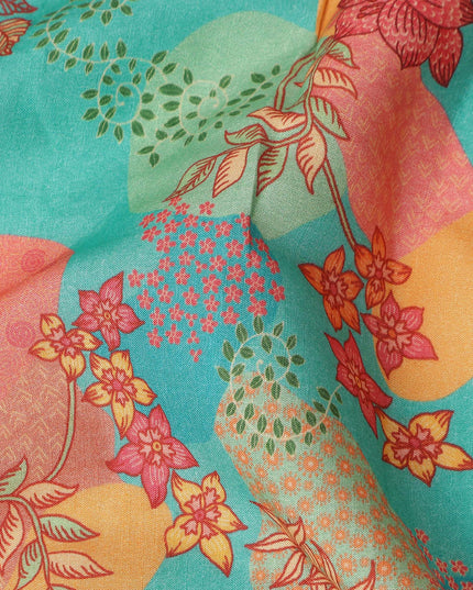 Turquoise Multicolor Floral Botanical Printed Blended Cotton Linen Fabric Artistic Flower Vine Pattern Natural Textured Dressmaking Sewing Craft Fabric 110 Cms Width Made In India-D28338