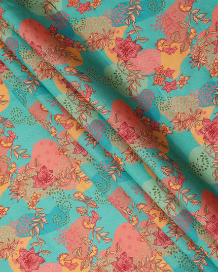 Turquoise Multicolor Floral Botanical Printed Blended Cotton Linen Fabric Artistic Flower Vine Pattern Natural Textured Dressmaking Sewing Craft Fabric 110 Cms Width Made In India-D28338