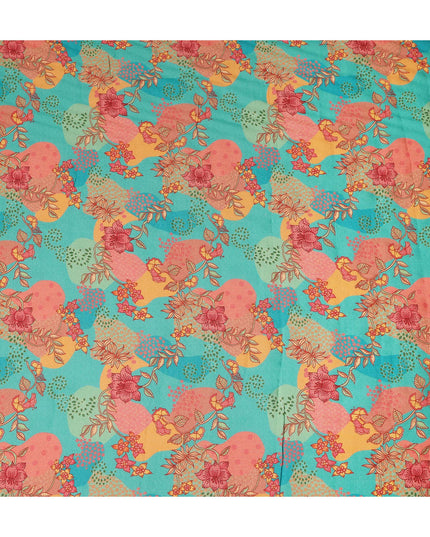 Turquoise Multicolor Floral Botanical Printed Blended Cotton Linen Fabric Artistic Flower Vine Pattern Natural Textured Dressmaking Sewing Craft Fabric 110 Cms Width Made In India-D28338