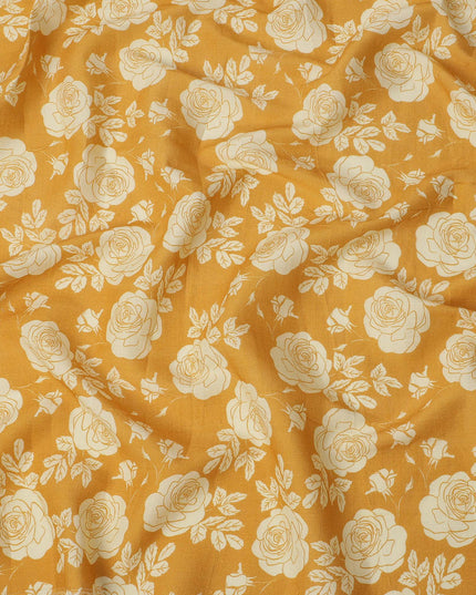 Yellow Silk Chiffon Fabric with White Floral Rose Print, 110 Cms Width, Made in India-D25521