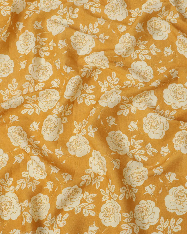 Yellow Silk Chiffon Fabric with White Floral Rose Print, 110 Cms Width, Made in India-D25521