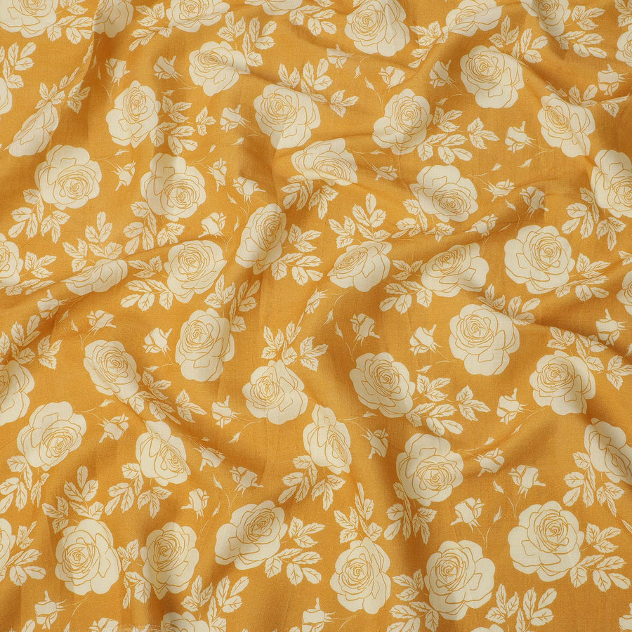Yellow Silk Chiffon Fabric with White Floral Rose Print, 110 Cms Width, Made in India-D25521