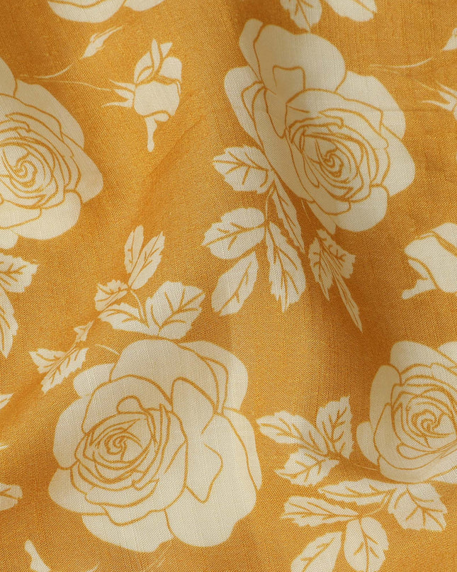 Yellow Silk Chiffon Fabric with White Floral Rose Print, 110 Cms Width, Made in India-D25521