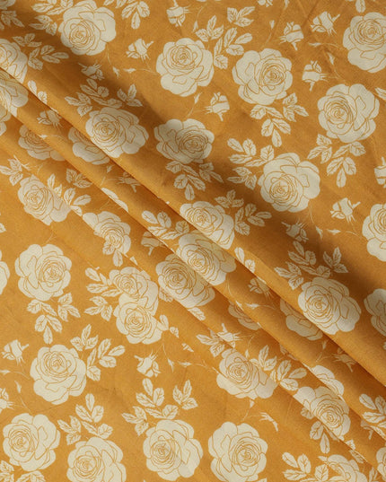 Yellow Silk Chiffon Fabric with White Floral Rose Print, 110 Cms Width, Made in India-D25521