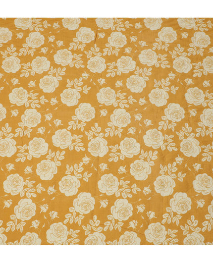 Yellow Silk Chiffon Fabric with White Floral Rose Print, 110 Cms Width, Made in India-D25521