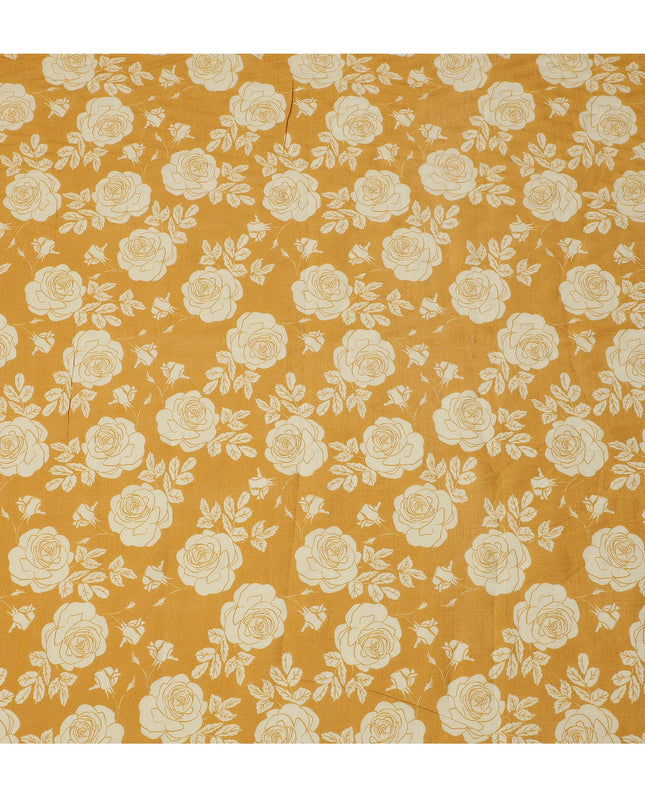 Yellow Silk Chiffon Fabric with White Floral Rose Print, 110 Cms Width, Made in India-D25521