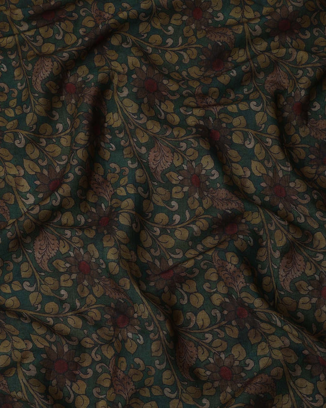 Green Cotton Blend Fabric with Floral Leaf Print, 110 Cms Width, Made in India-D25520