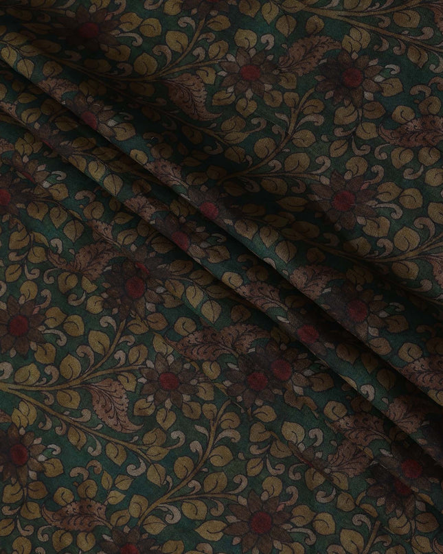 Green Cotton Blend Fabric with Floral Leaf Print, 110 Cms Width, Made in India-D25520
