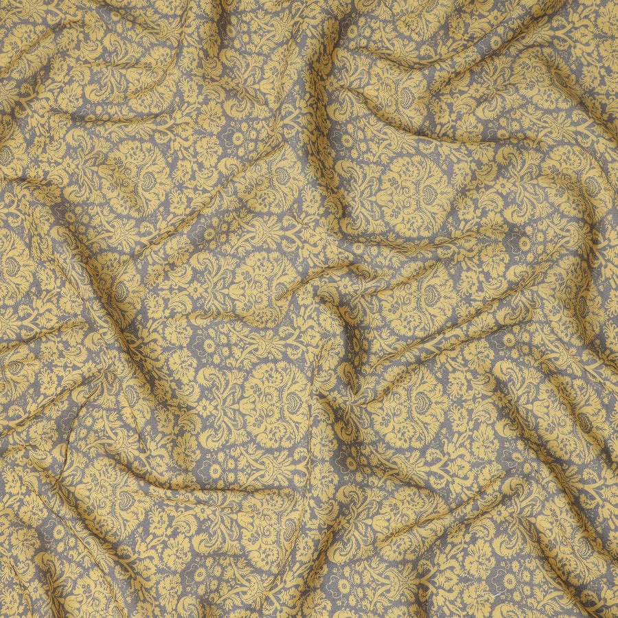 Mustard Yellow Vintage Floral Damask Printed Blended Cotton Linen Fabric Ornamental Botanical Classic Pattern Natural Textured Dressmaking Sewing Fabric 110 Cms Width Made In India-D28339