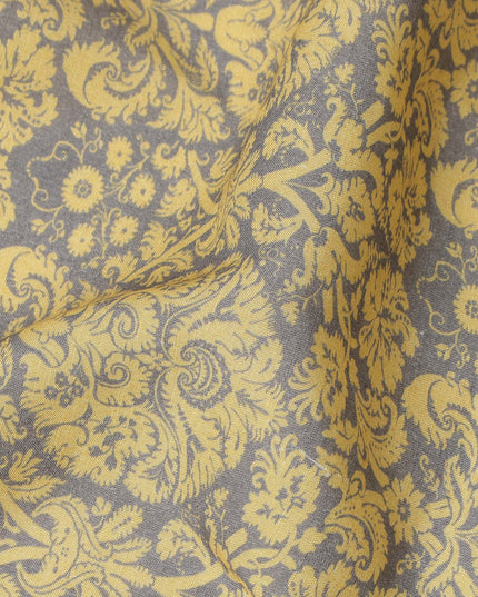 Mustard Yellow Vintage Floral Damask Printed Blended Cotton Linen Fabric Ornamental Botanical Classic Pattern Natural Textured Dressmaking Sewing Fabric 110 Cms Width Made In India-D28339