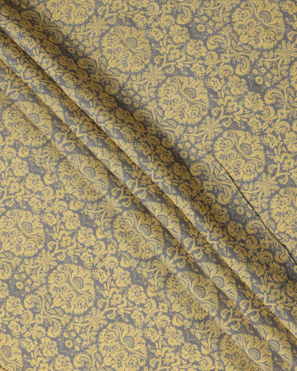 Mustard Yellow Vintage Floral Damask Printed Blended Cotton Linen Fabric Ornamental Botanical Classic Pattern Natural Textured Dressmaking Sewing Fabric 110 Cms Width Made In India-D28339