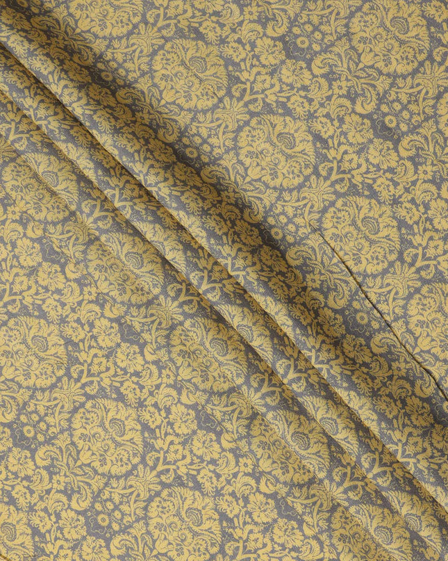 Mustard Yellow Vintage Floral Damask Printed Blended Cotton Linen Fabric Ornamental Botanical Classic Pattern Natural Textured Dressmaking Sewing Fabric 110 Cms Width Made In India-D28339